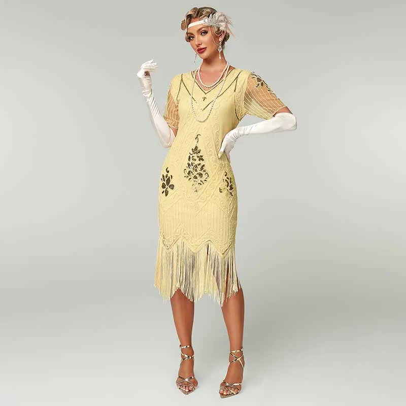1920's Flapper Dress Short Sleeve V-Neck  Fringe Sequin Beaded Dress