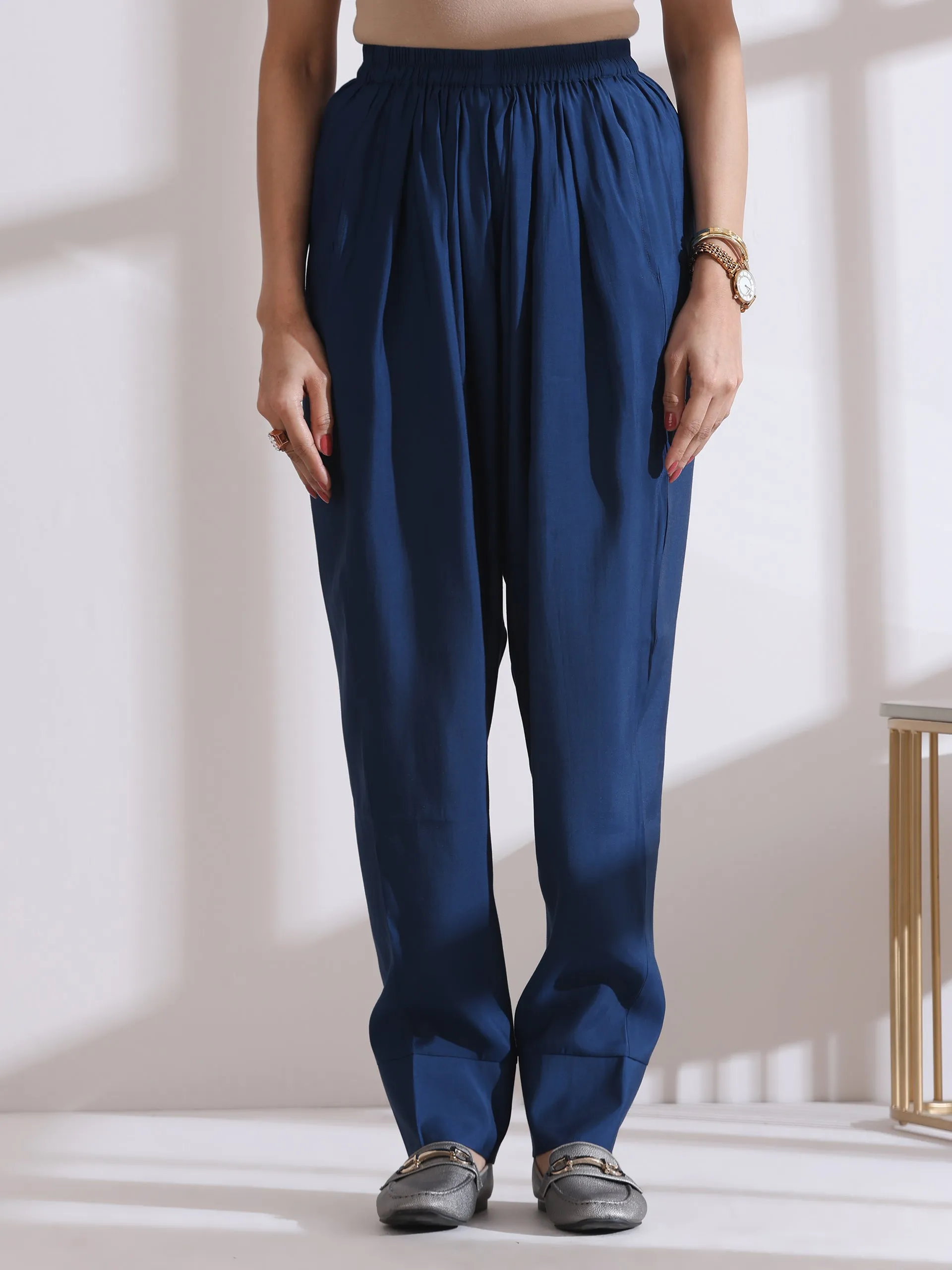 2 pc SET -  AirSkin Navy Blue Kurta  with Hand Embroidery and Pants