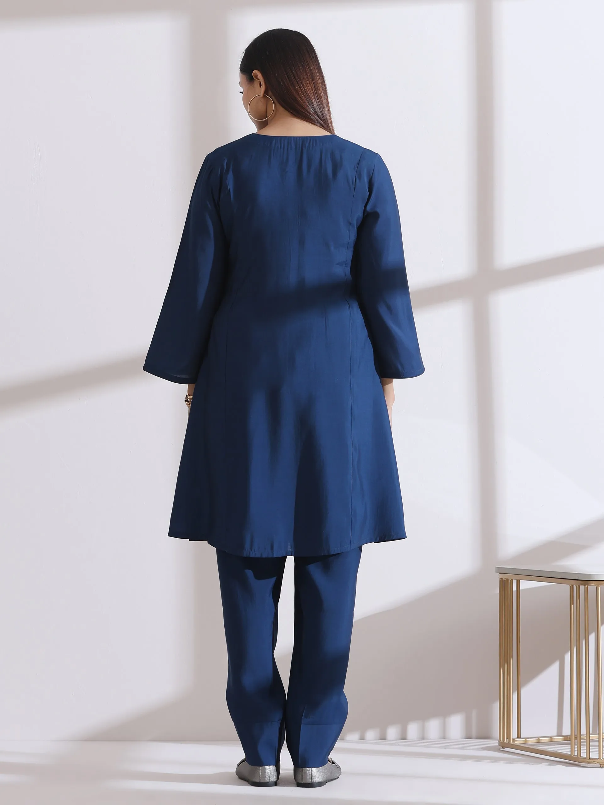 2 pc SET -  AirSkin Navy Blue Kurta  with Hand Embroidery and Pants