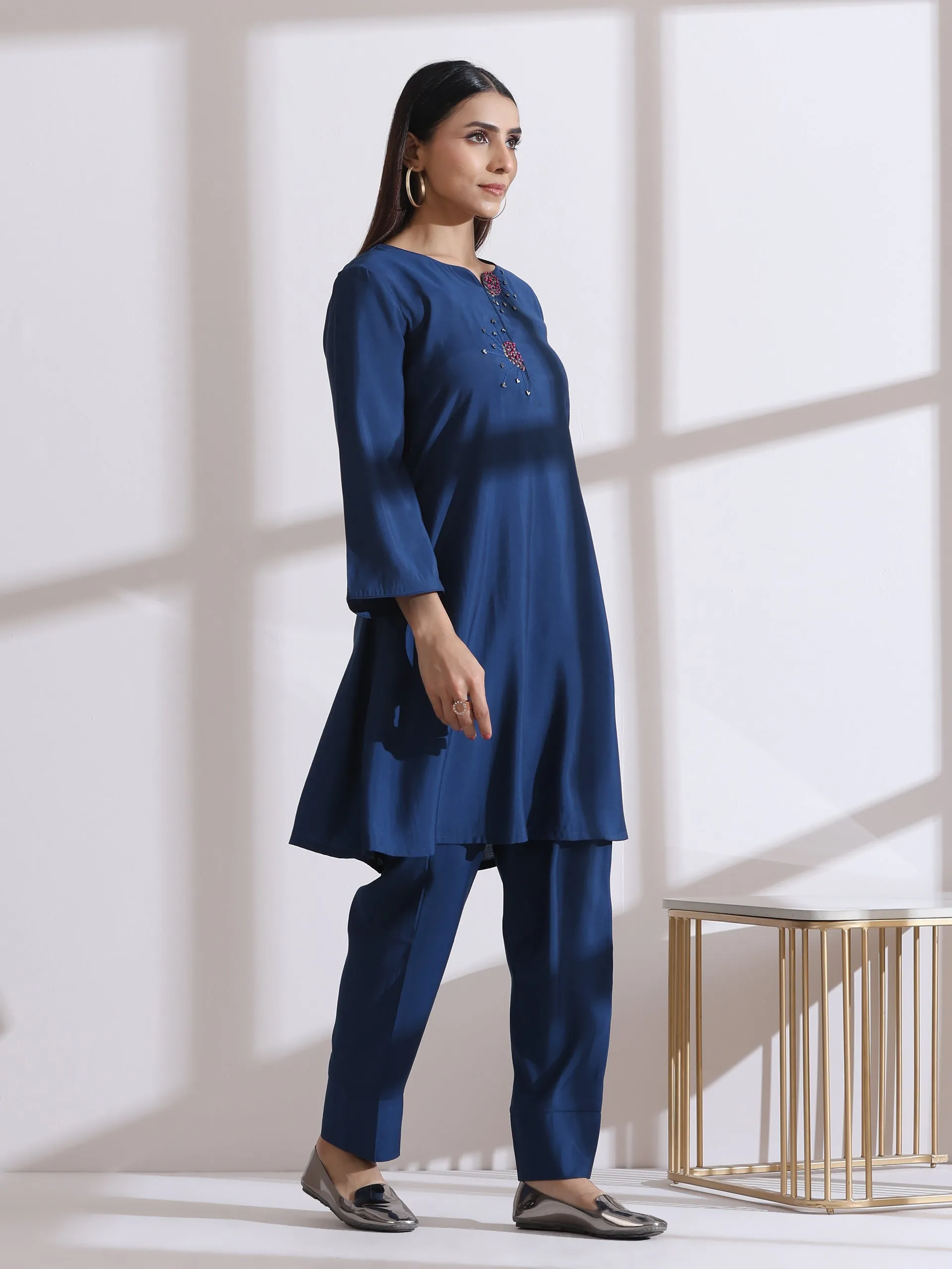 2 pc SET -  AirSkin Navy Blue Kurta  with Hand Embroidery and Pants