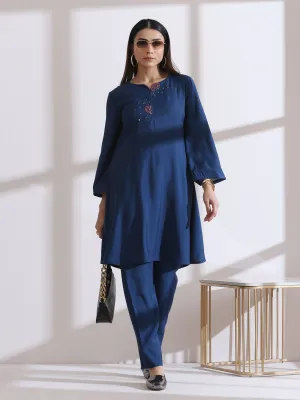 2 pc SET -  AirSkin Navy Blue Kurta  with Hand Embroidery and Pants