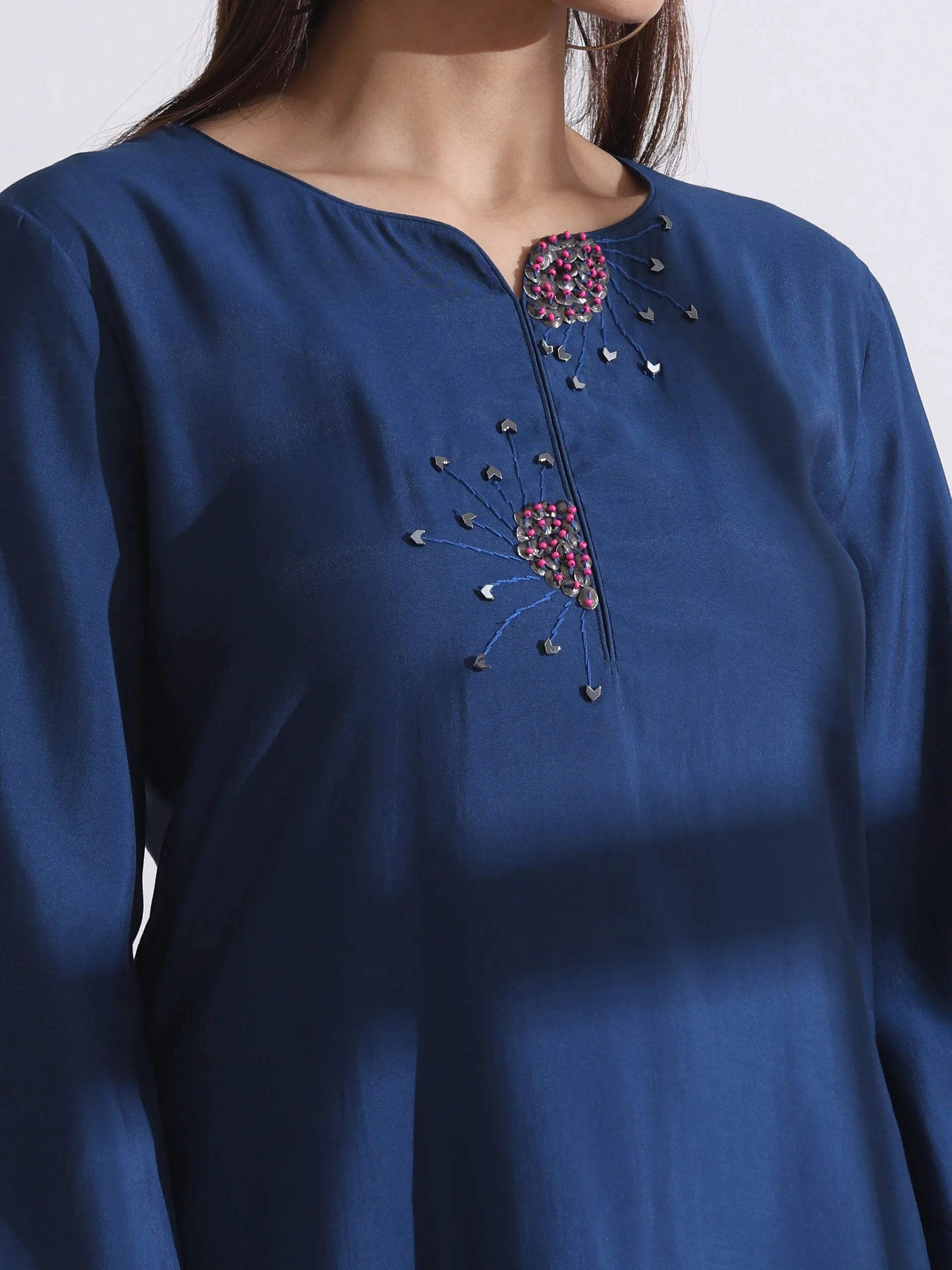 2 pc SET -  AirSkin Navy Blue Kurta  with Hand Embroidery and Pants