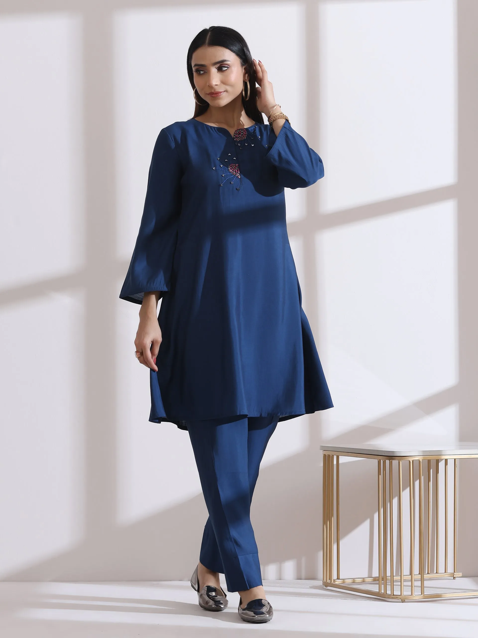 2 pc SET -  AirSkin Navy Blue Kurta  with Hand Embroidery and Pants