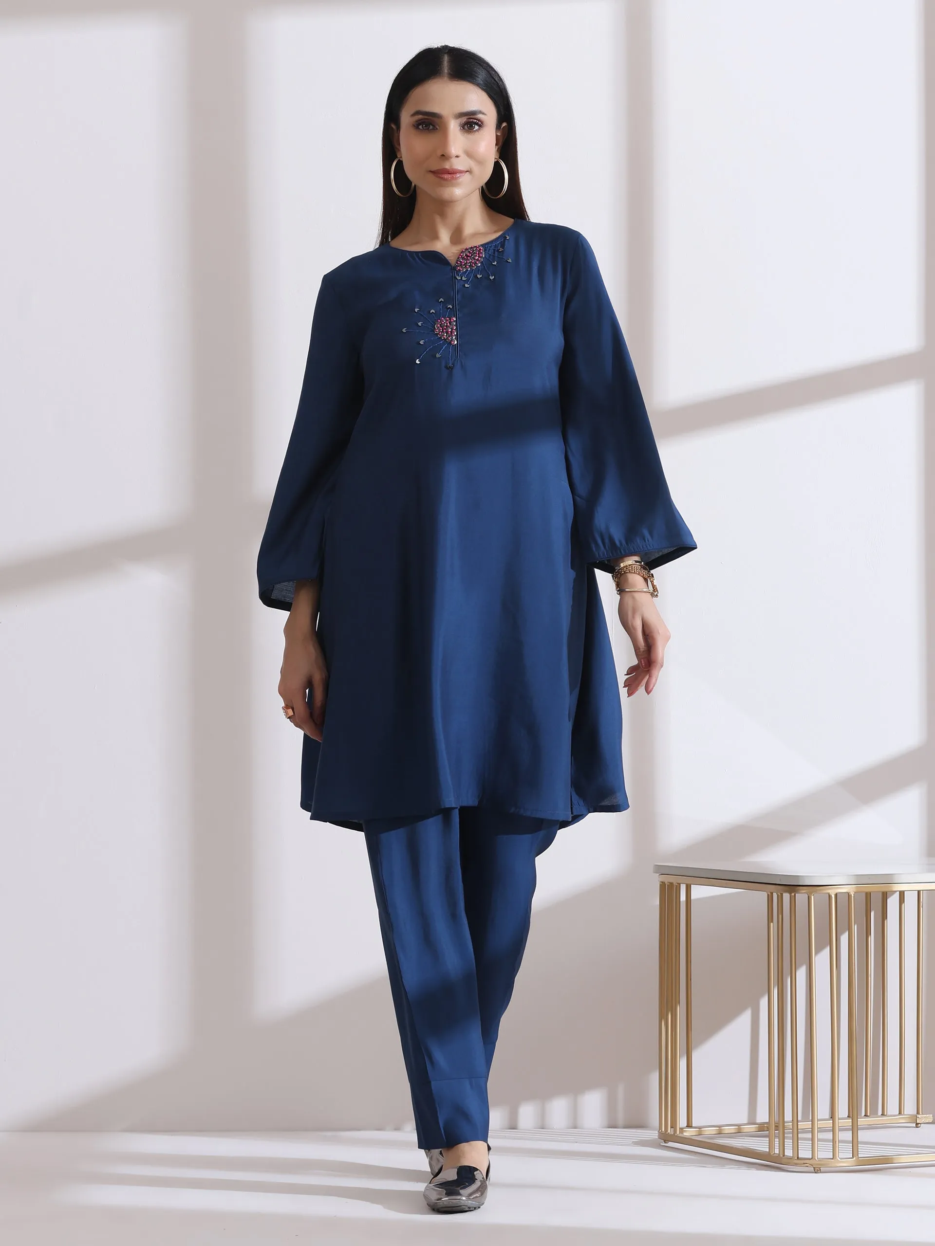 2 pc SET -  AirSkin Navy Blue Kurta  with Hand Embroidery and Pants