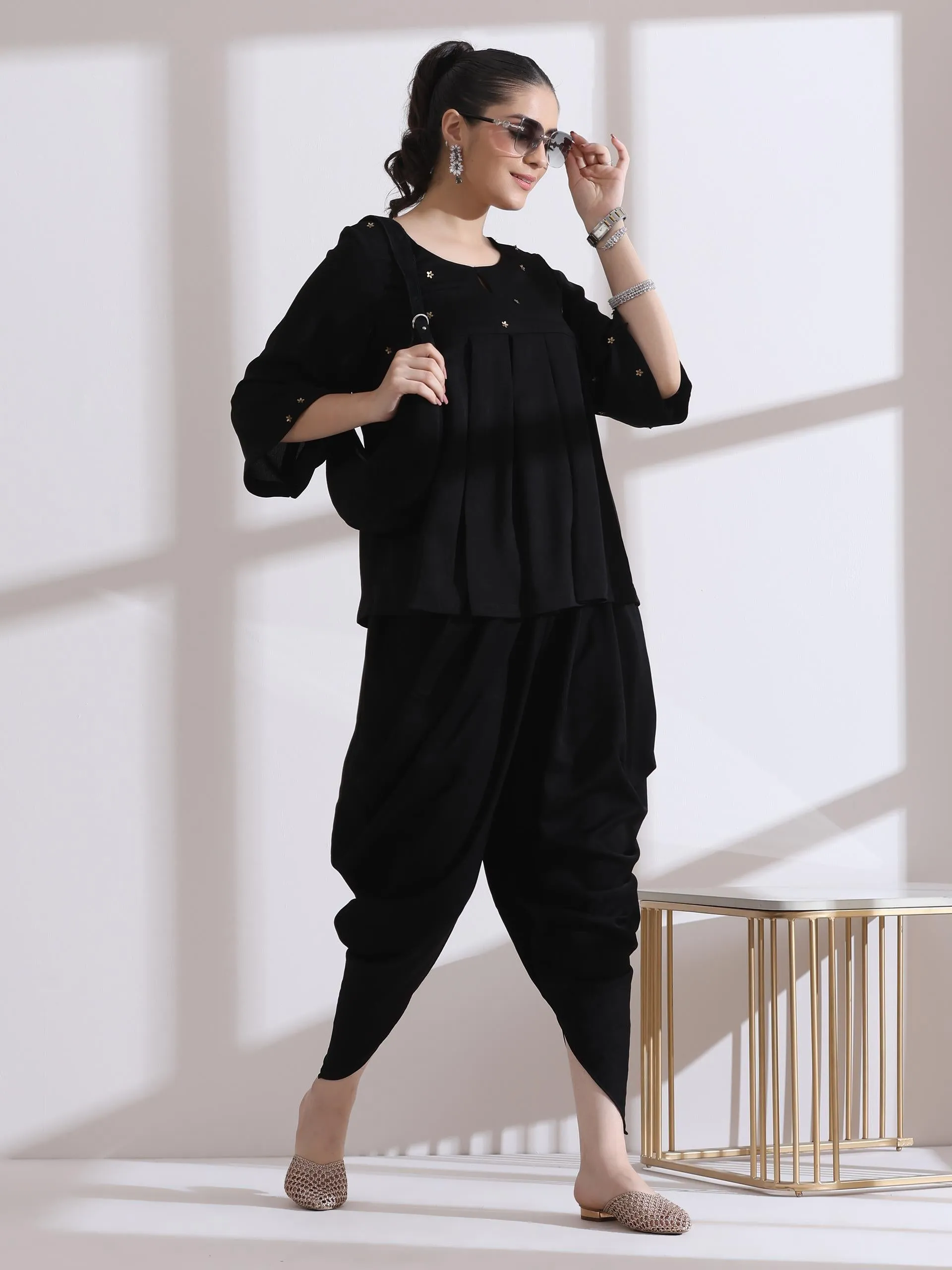 2 Pc Set - Pleated Black Korean Peplum Top With Beads And Dhoti Pants