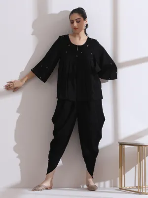 2 Pc Set - Pleated Black Korean Peplum Top With Beads And Dhoti Pants