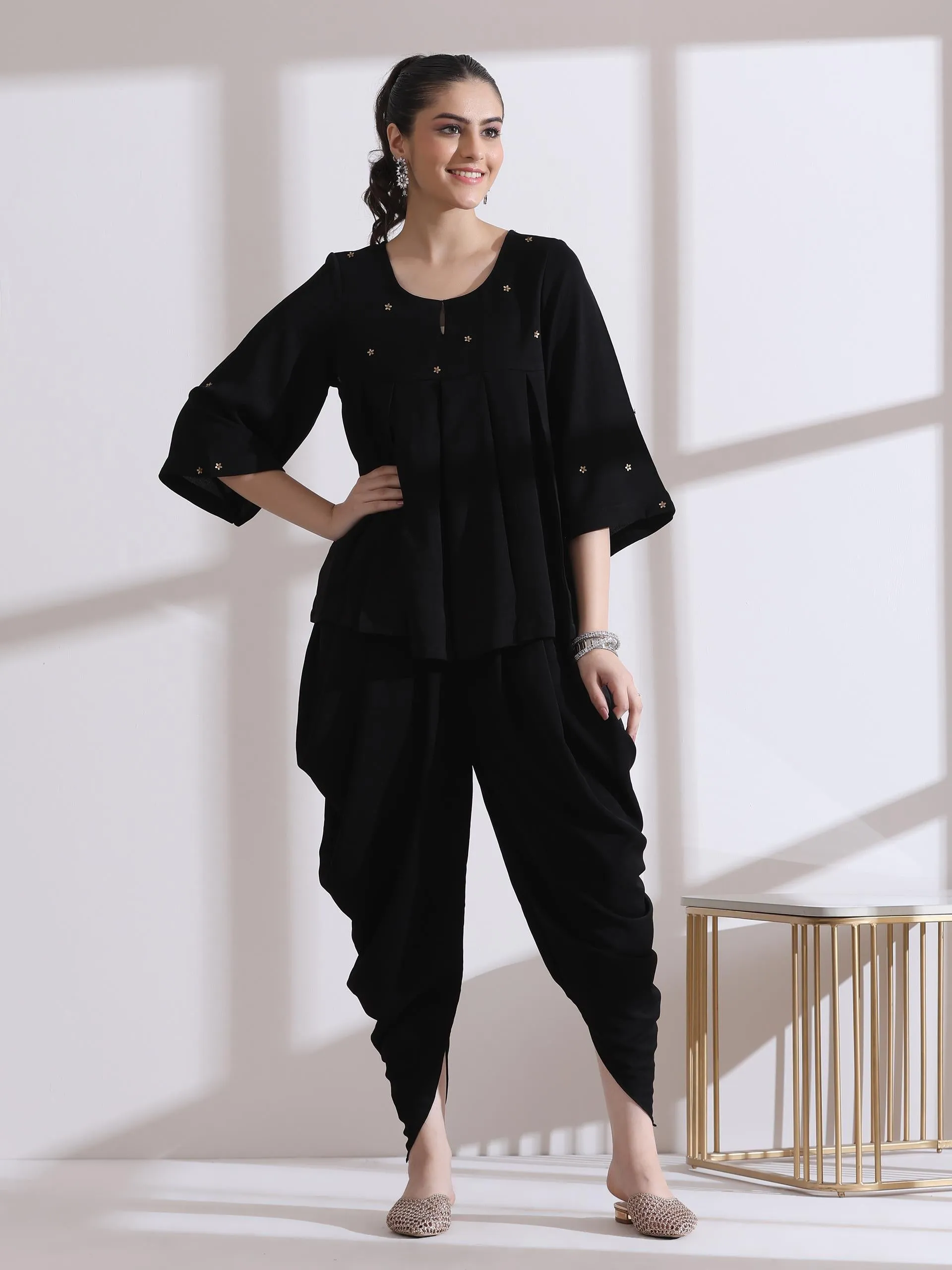 2 Pc Set - Pleated Black Korean Peplum Top With Beads And Dhoti Pants