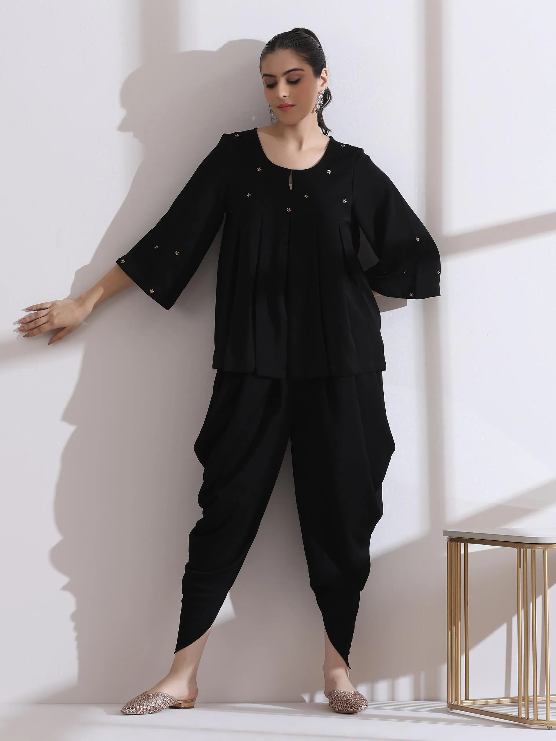 2 Pc Set - Pleated Black Korean Peplum Top With Beads And Dhoti Pants