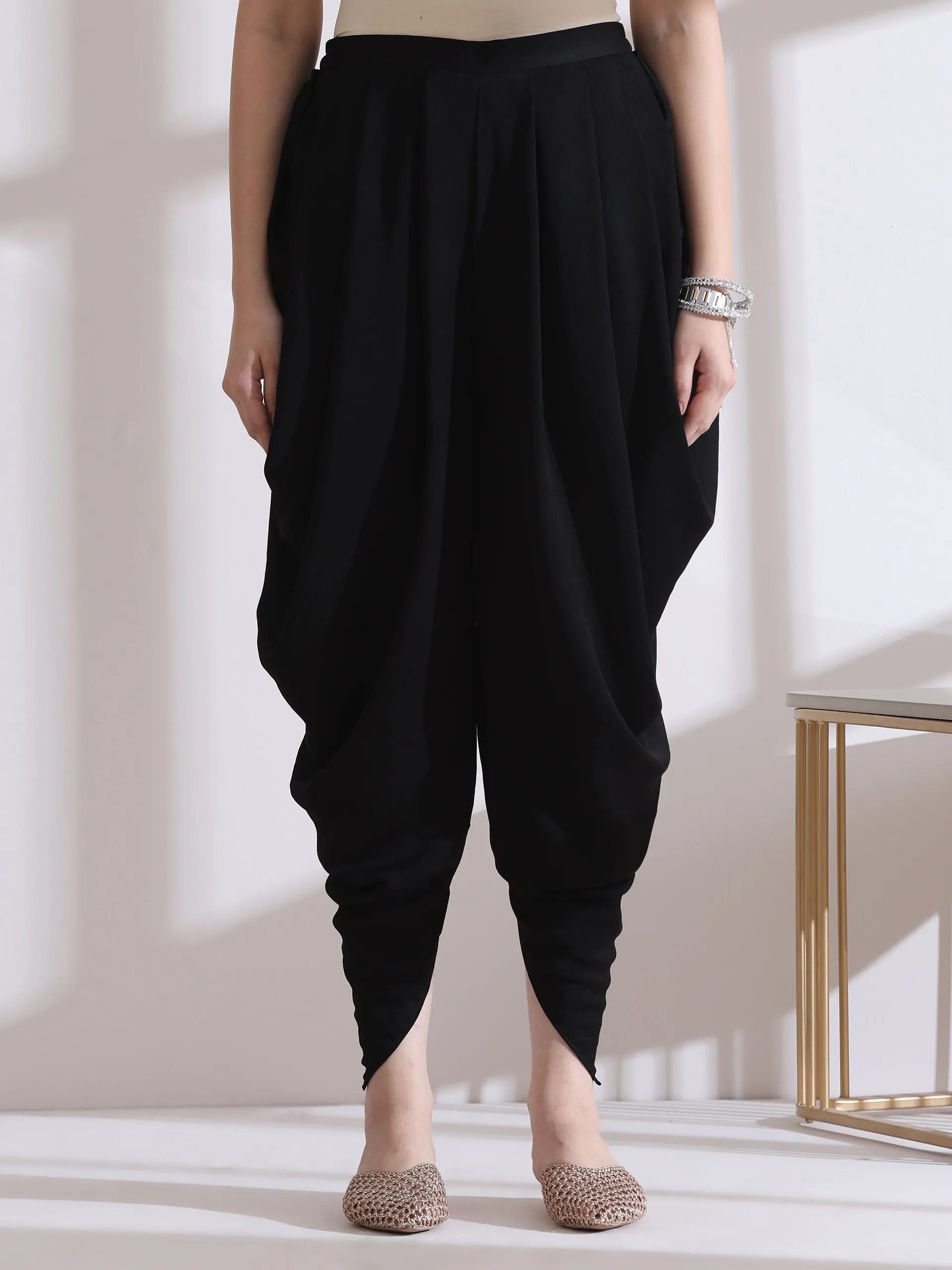 2 Pc Set - Pleated Black Korean Peplum Top With Beads And Dhoti Pants