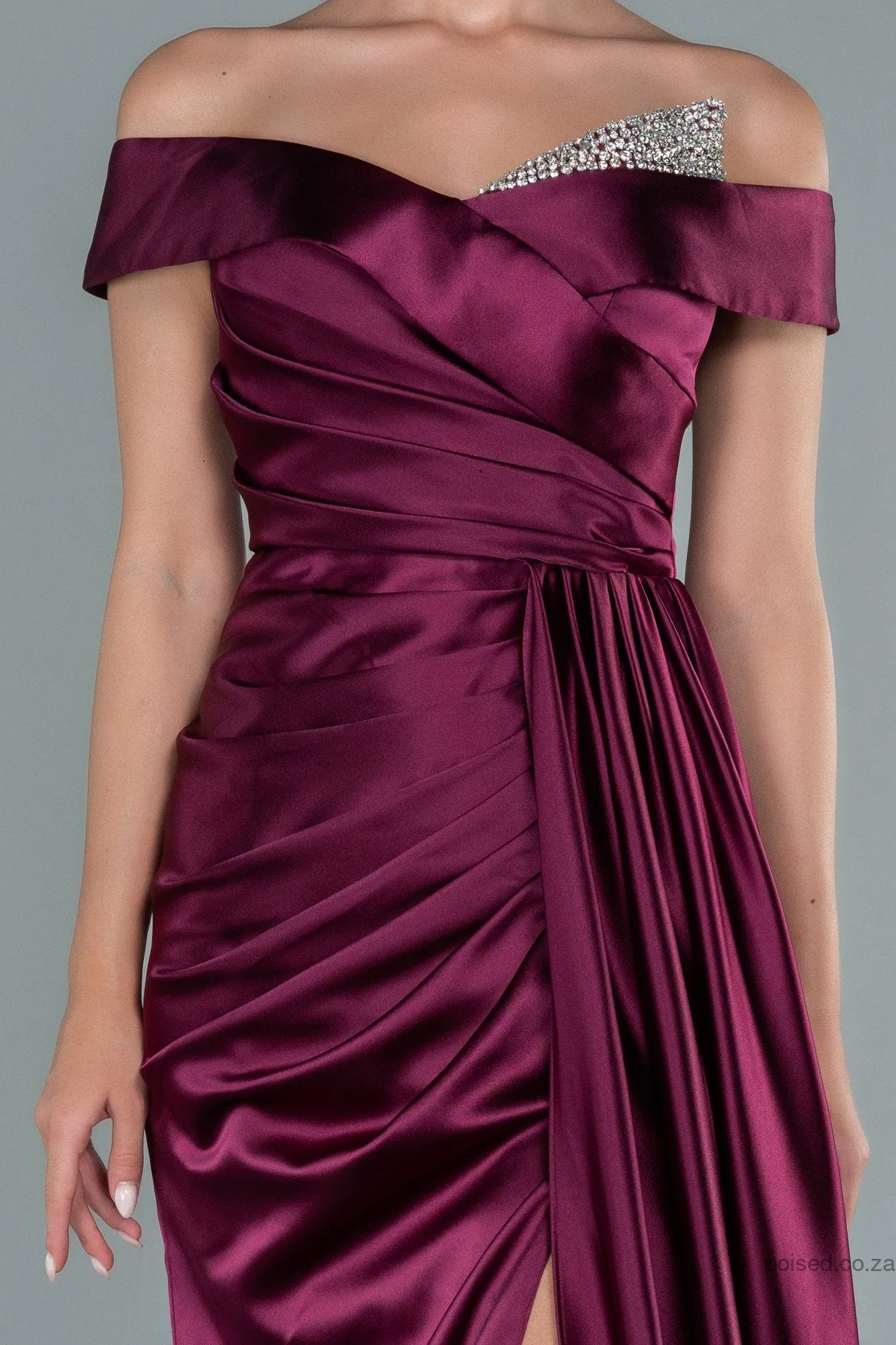 29976 Plum Draped Off-Shoulder Slit Dress