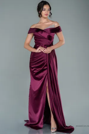 29976 Plum Draped Off-Shoulder Slit Dress