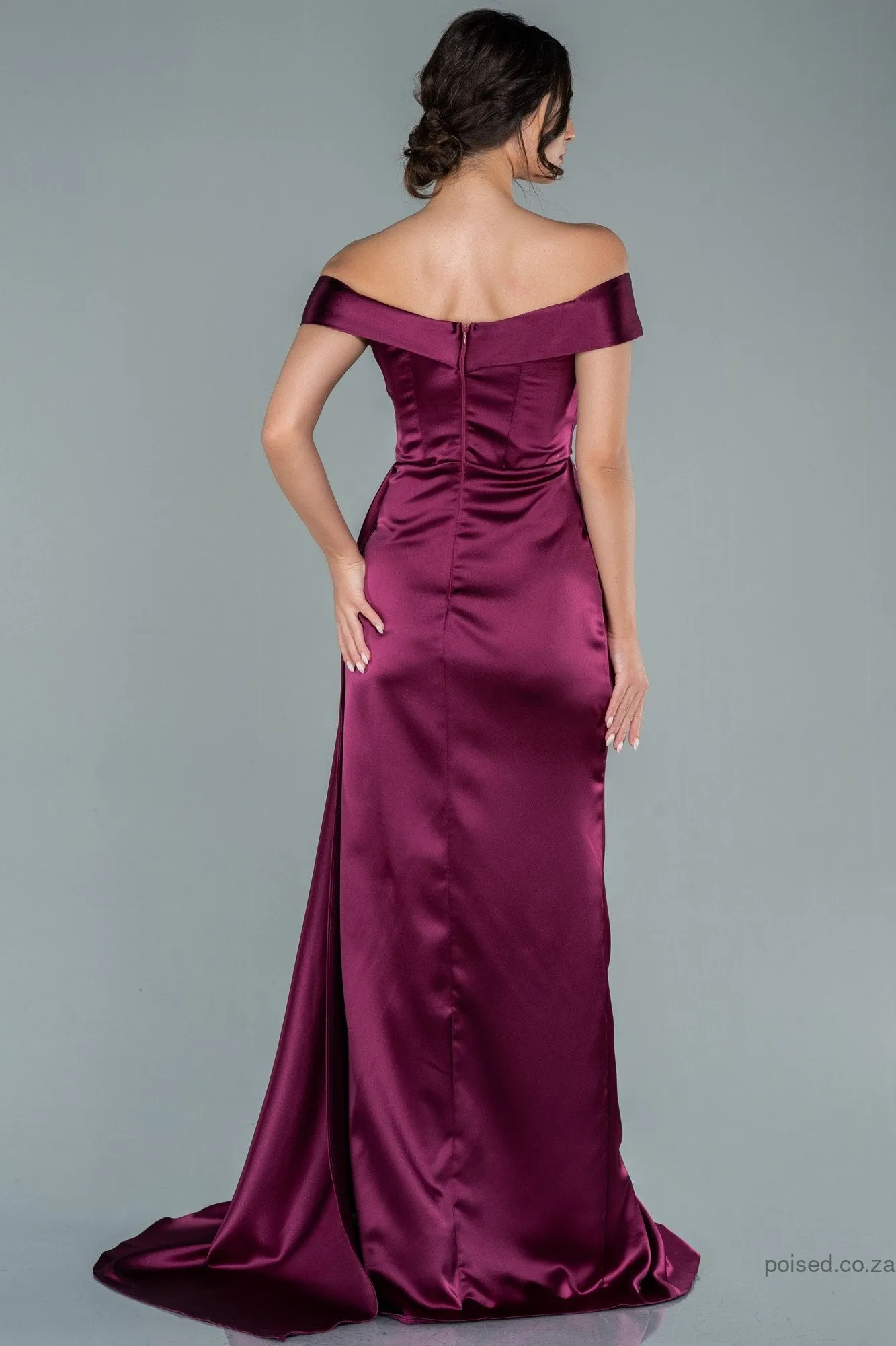 29976 Plum Draped Off-Shoulder Slit Dress