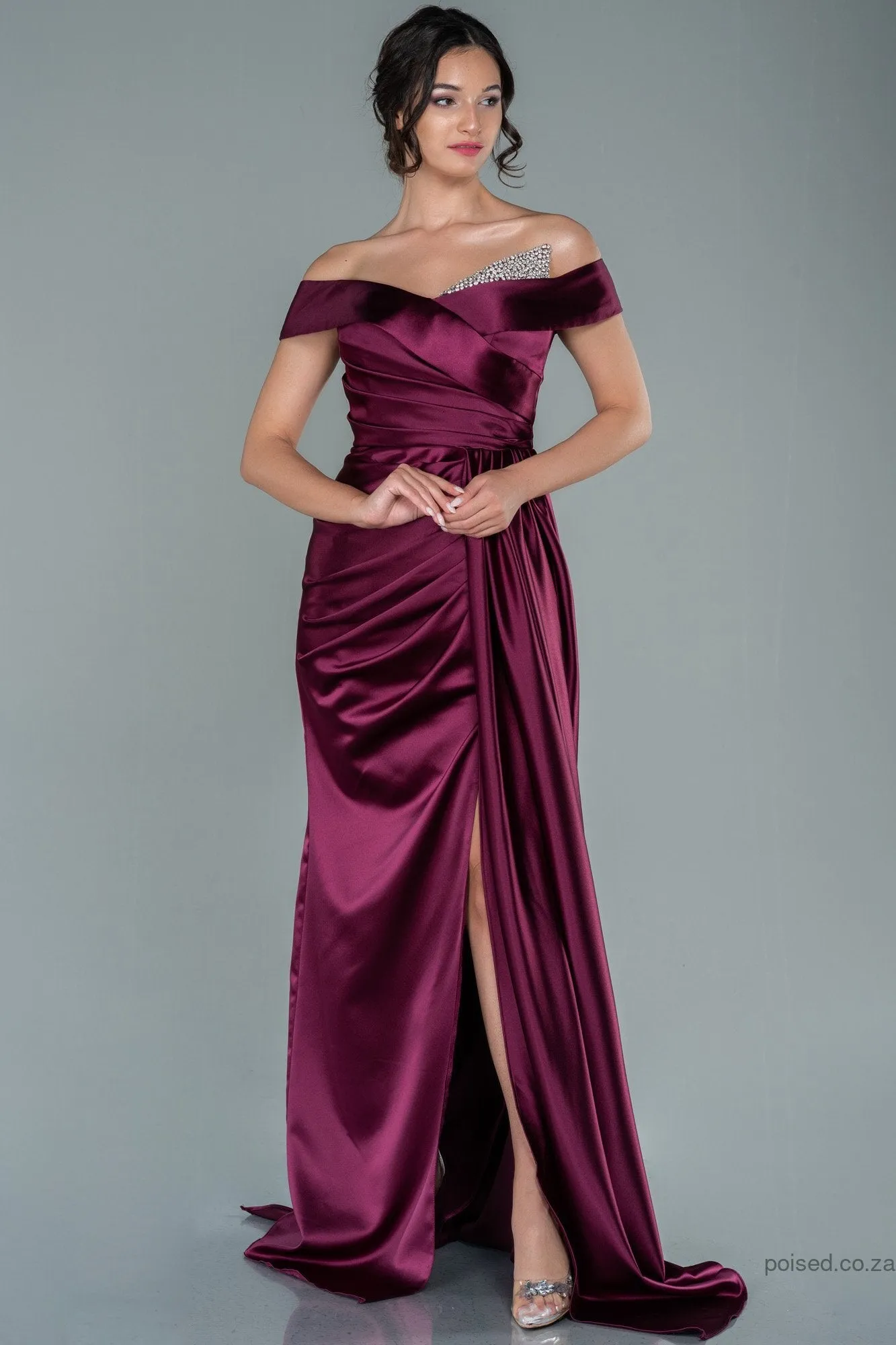 29976 Plum Draped Off-Shoulder Slit Dress