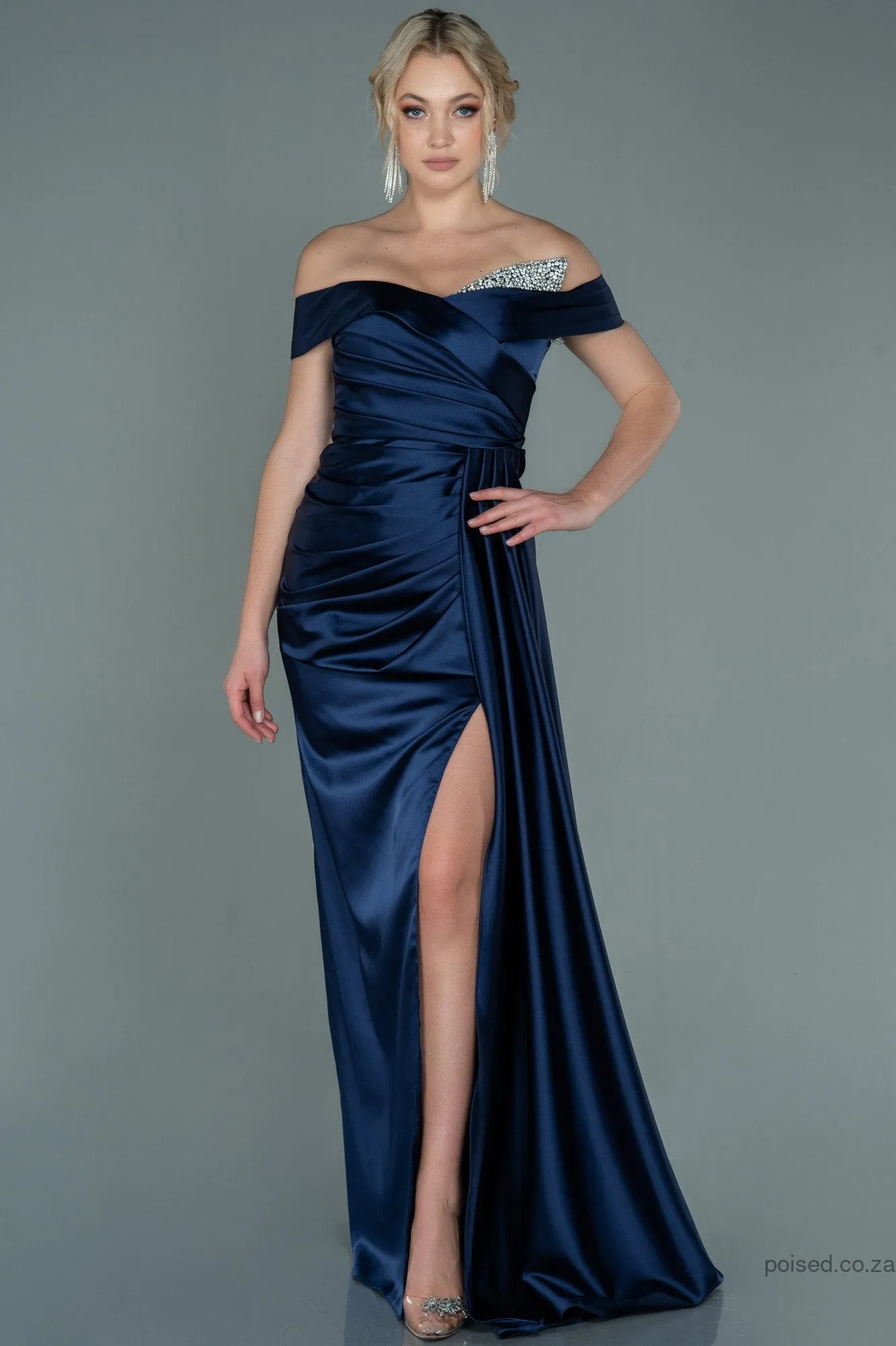 29977 Navy Blue Draped Off-Shoulder Slit Dress
