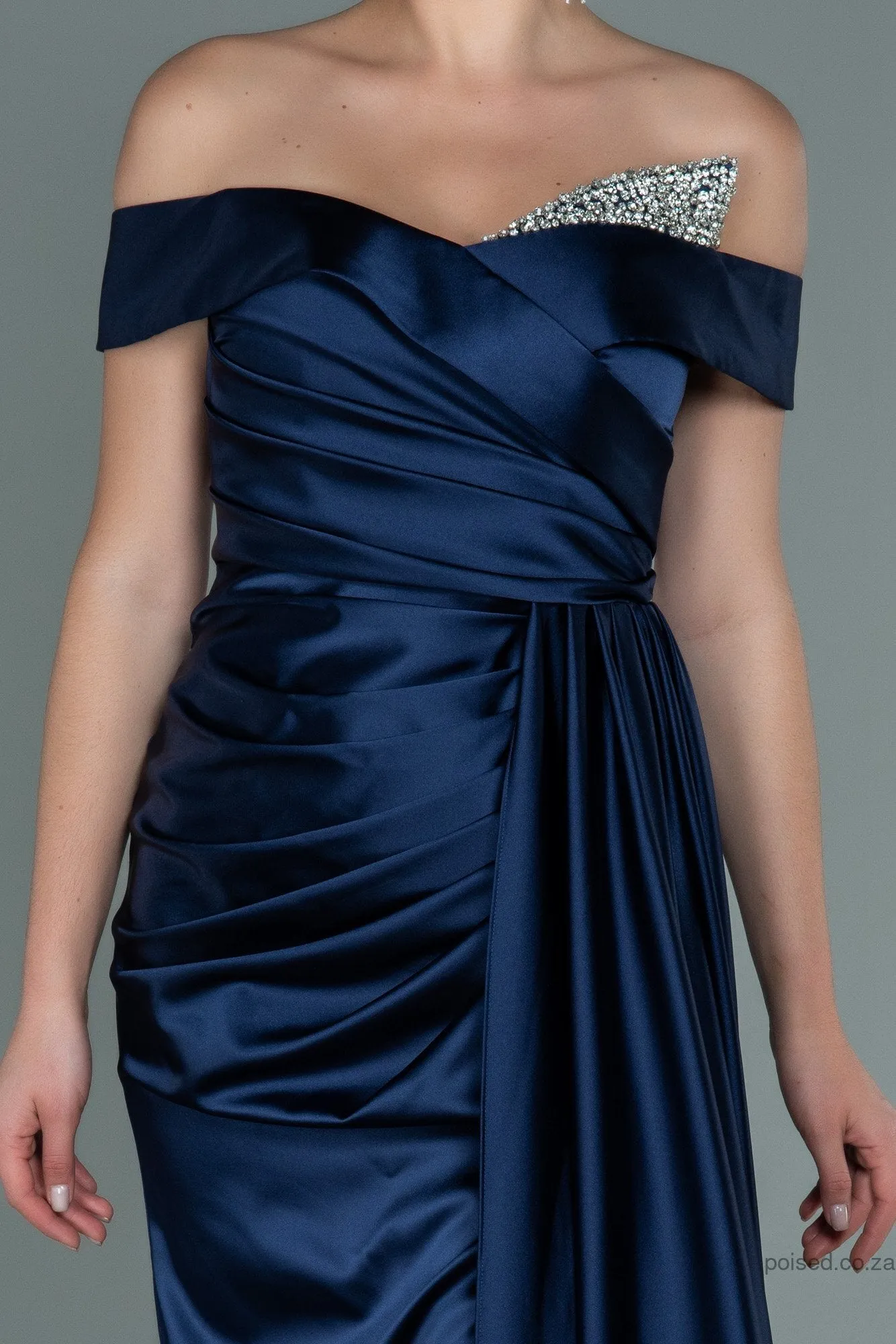 29977 Navy Blue Draped Off-Shoulder Slit Dress
