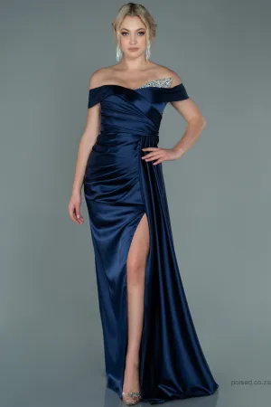 29977 Navy Blue Draped Off-Shoulder Slit Dress