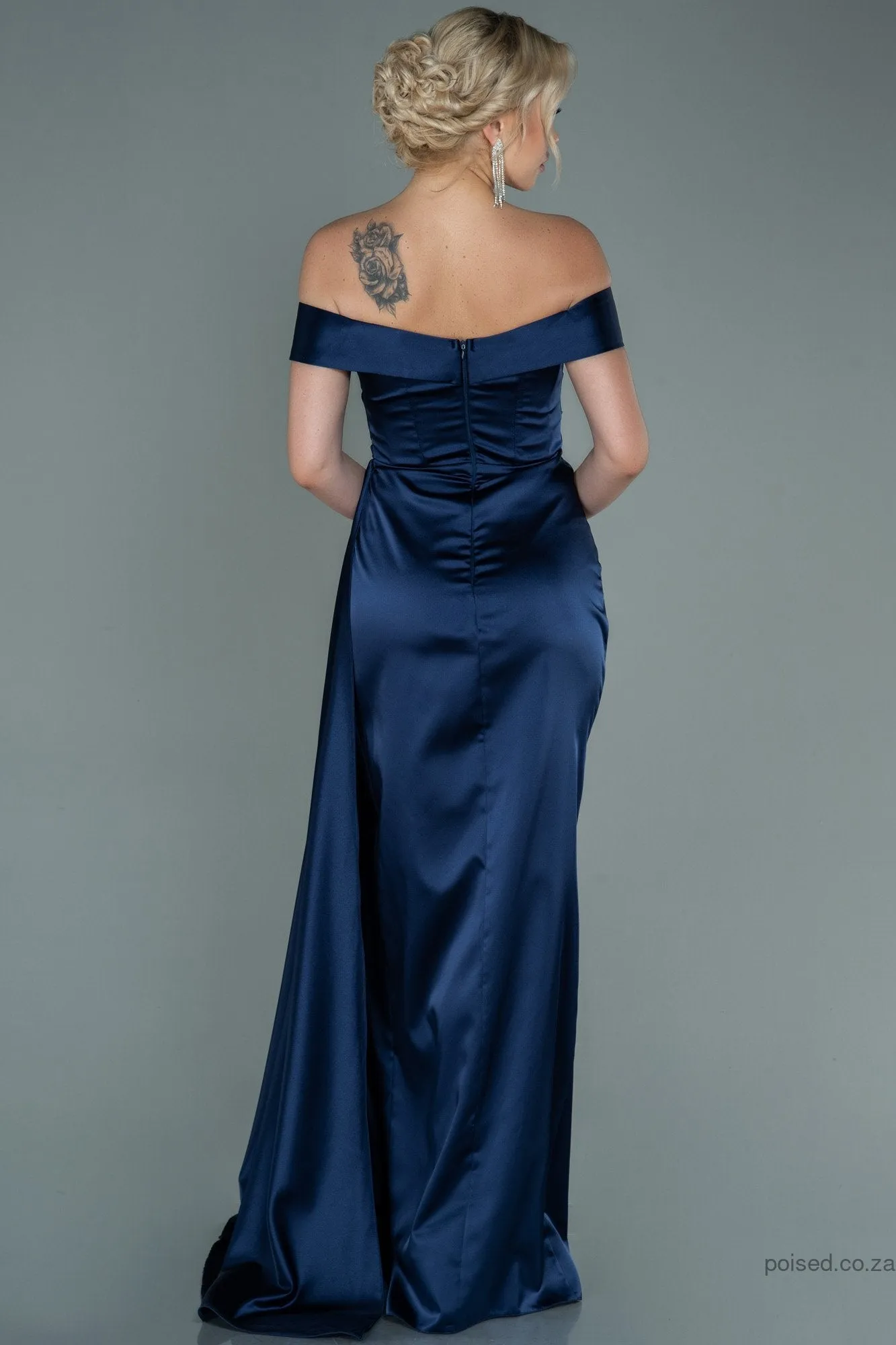 29977 Navy Blue Draped Off-Shoulder Slit Dress