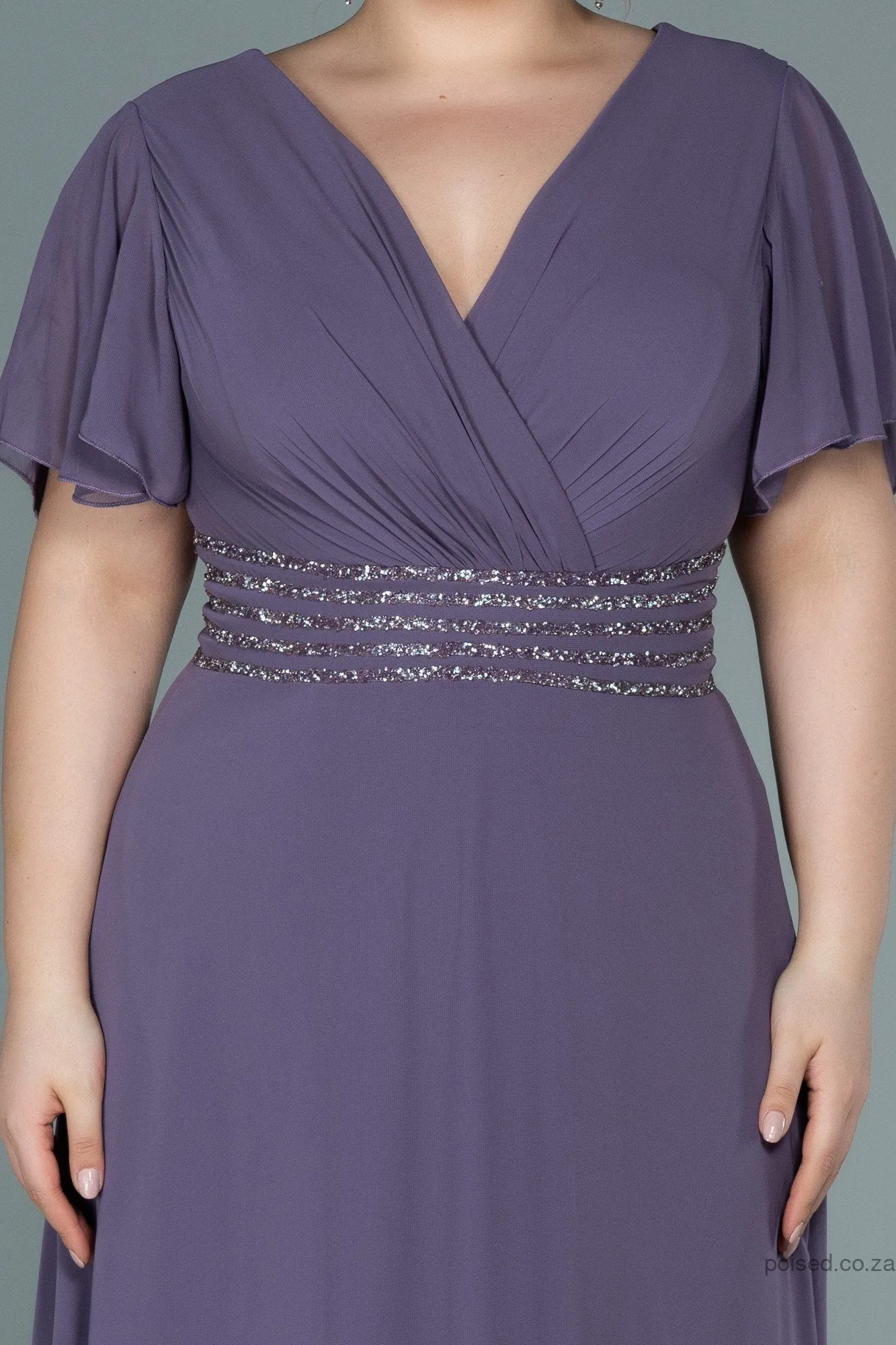 30053 Purple Glittery Waist Chiffon Dress