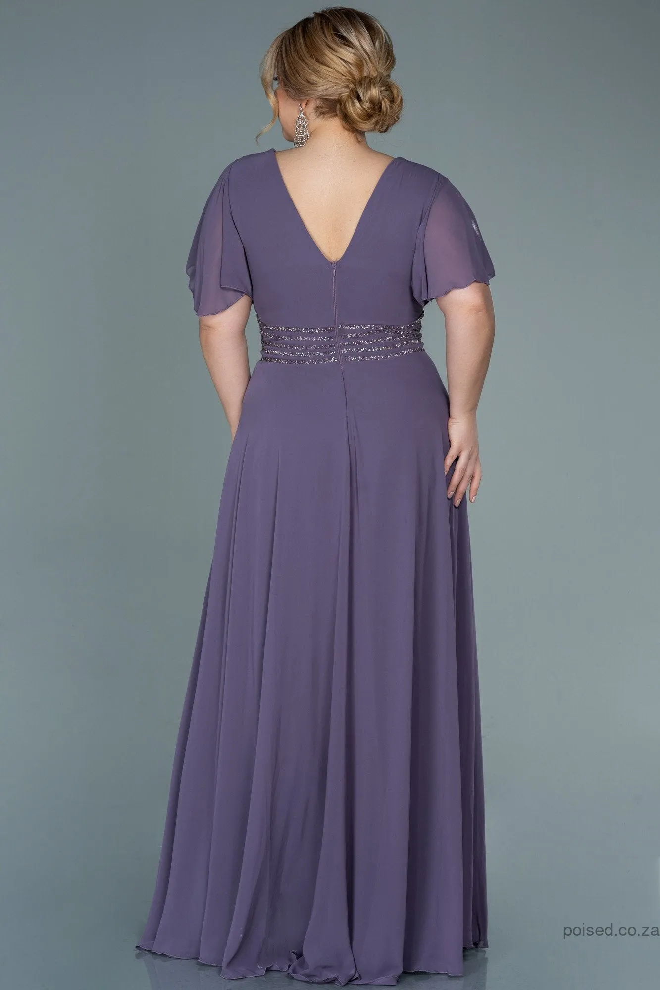 30053 Purple Glittery Waist Chiffon Dress
