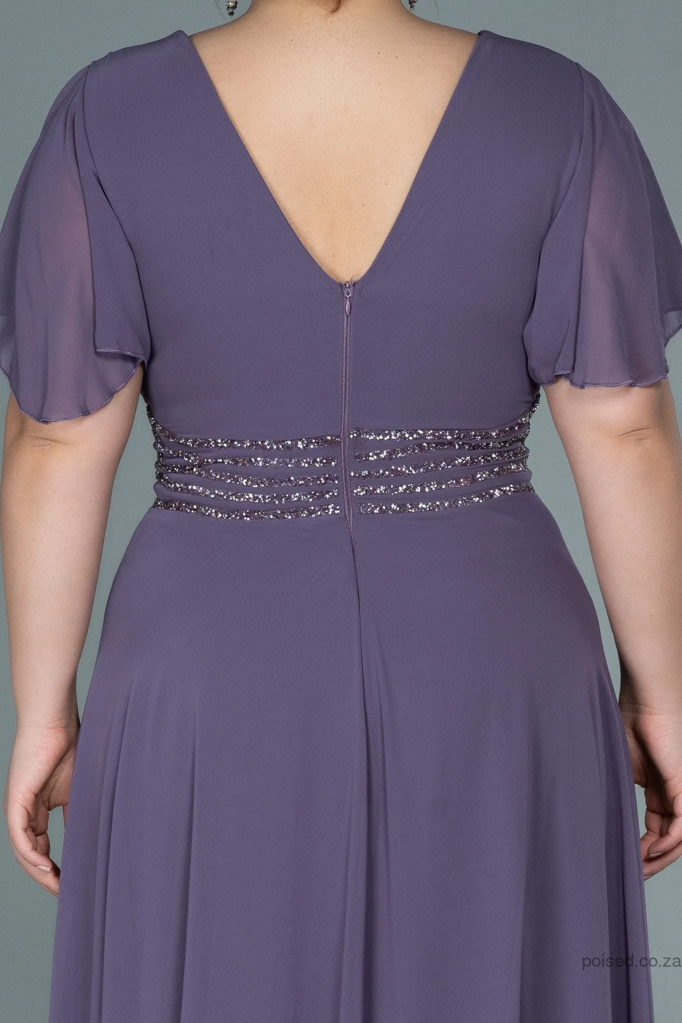 30053 Purple Glittery Waist Chiffon Dress