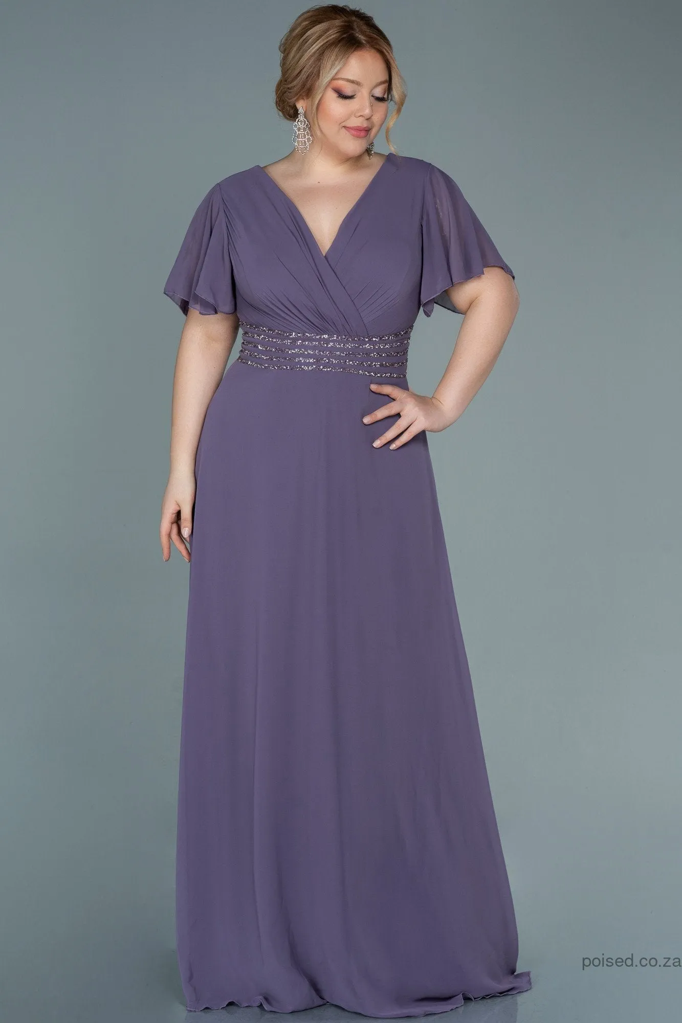 30053 Purple Glittery Waist Chiffon Dress