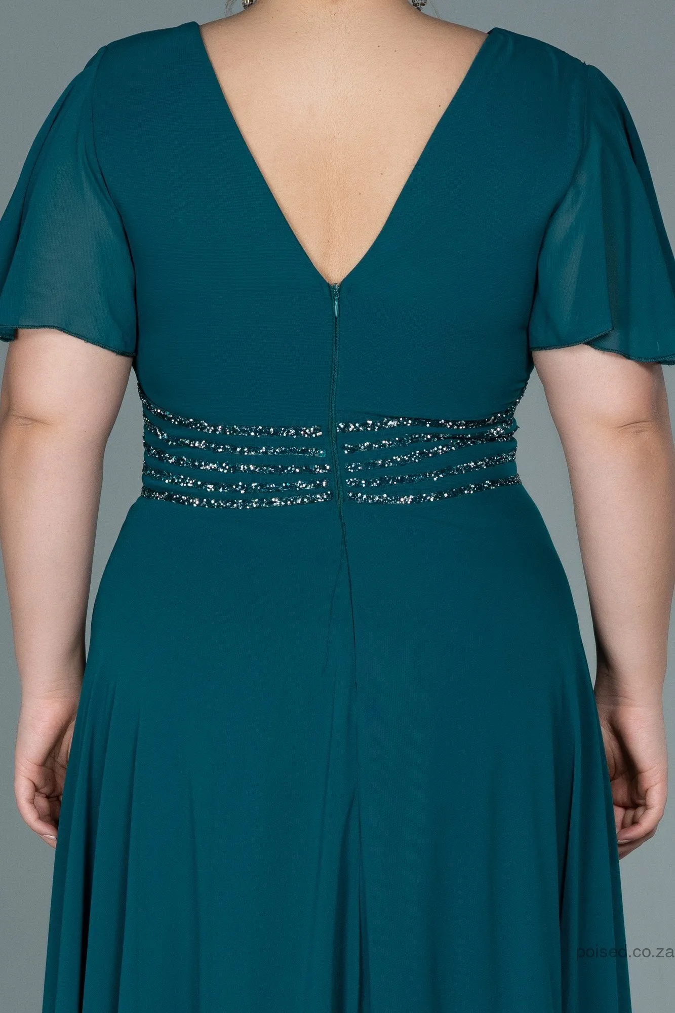 30054 Emerald Green Glittery Waist Chiffon Dress