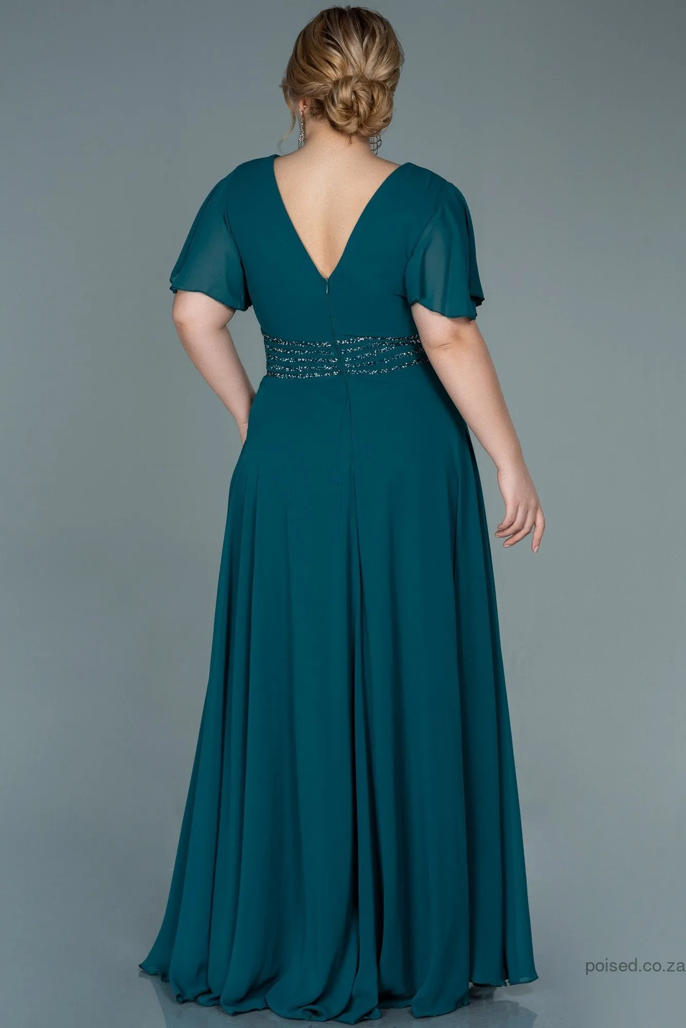 30054 Emerald Green Glittery Waist Chiffon Dress