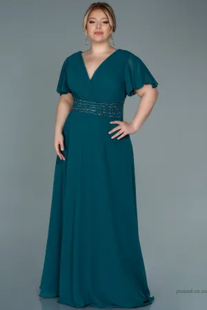 30054 Emerald Green Glittery Waist Chiffon Dress