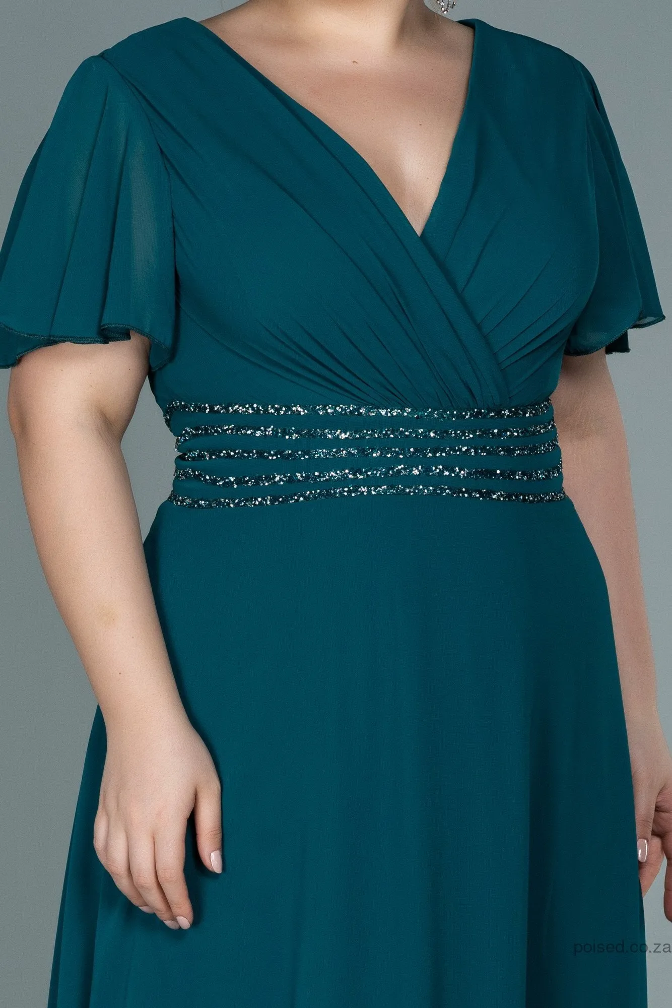 30054 Emerald Green Glittery Waist Chiffon Dress