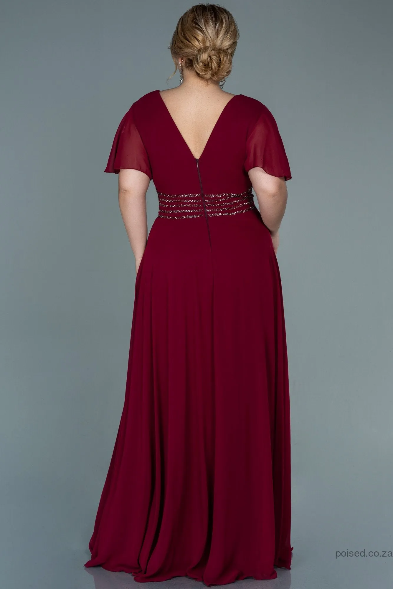 30056 Burgundy Glittery Waist Chiffon Dress