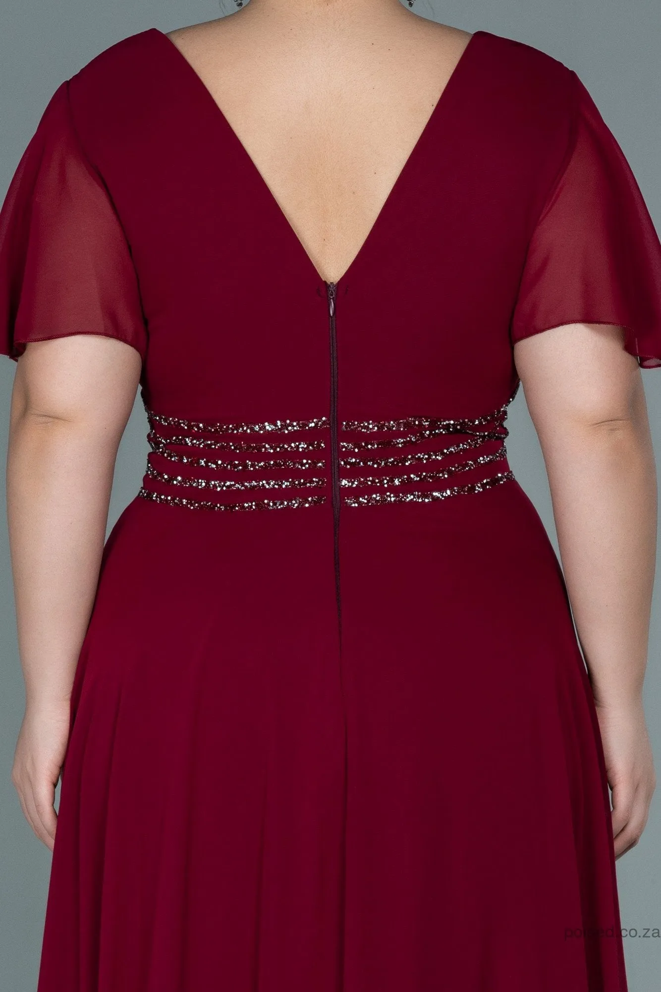 30056 Burgundy Glittery Waist Chiffon Dress