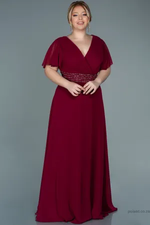 30056 Burgundy Glittery Waist Chiffon Dress