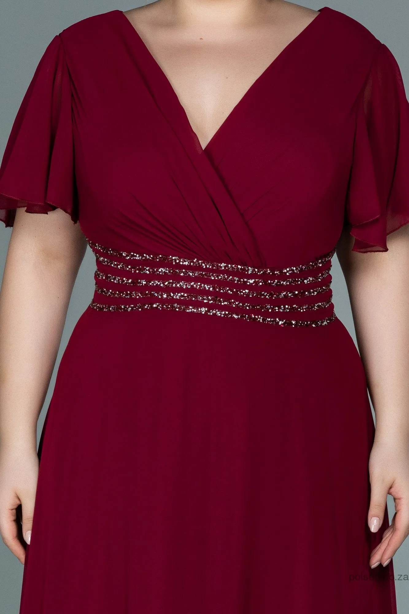 30056 Burgundy Glittery Waist Chiffon Dress