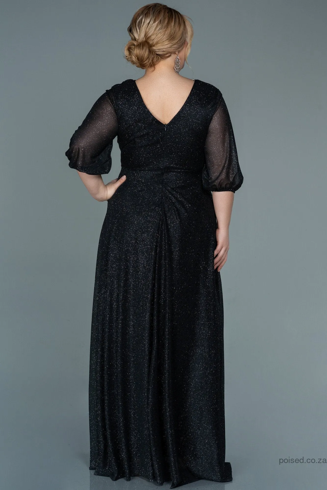 30066 Black-Silver Draped Buckle Detail Glittery Dress