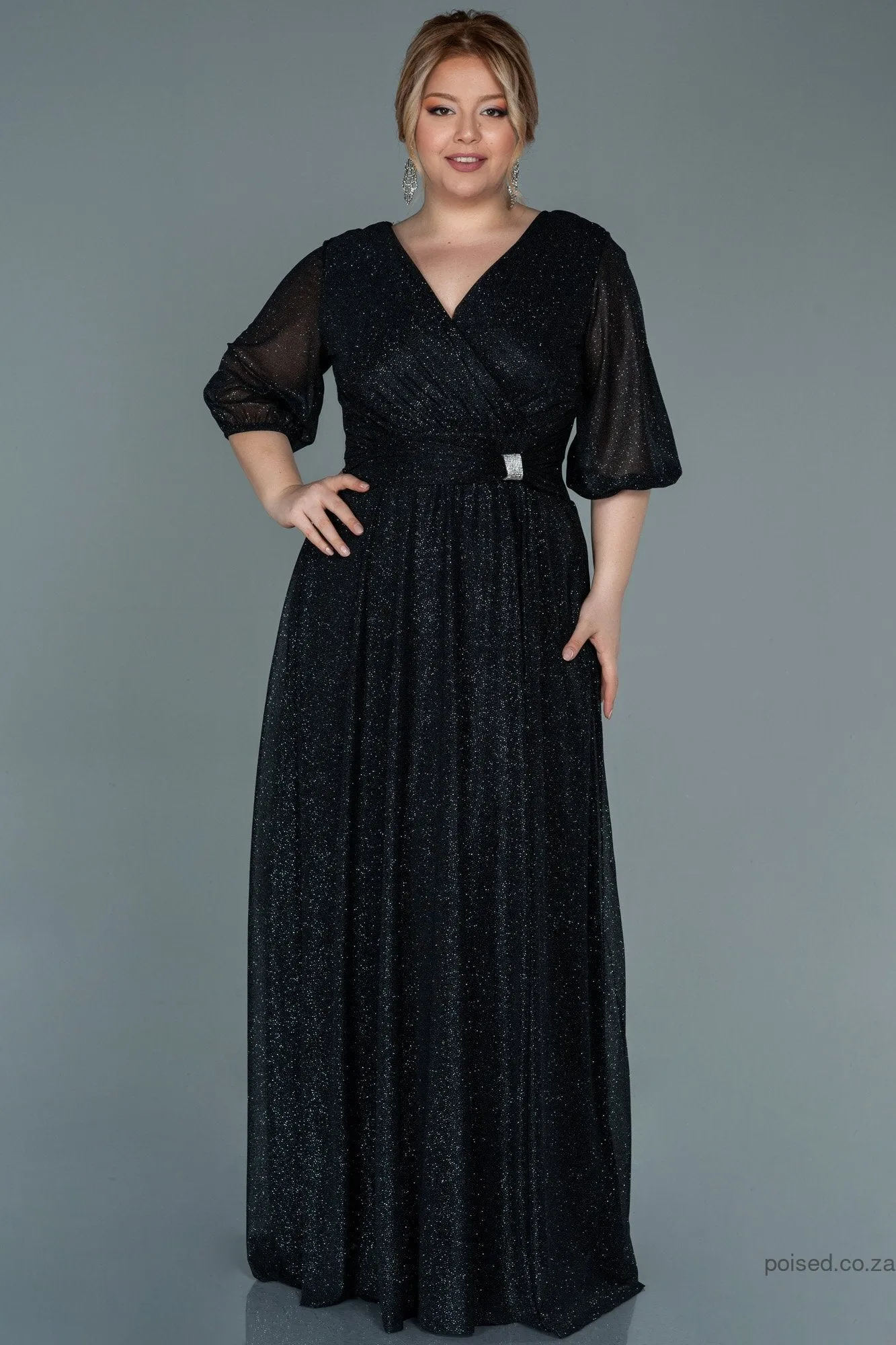 30066 Black-Silver Draped Buckle Detail Glittery Dress