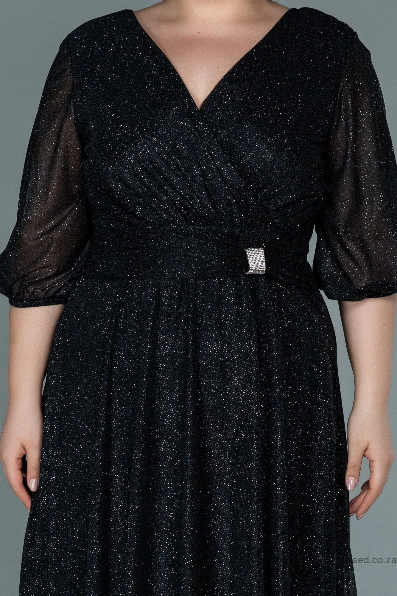 30066 Black-Silver Draped Buckle Detail Glittery Dress