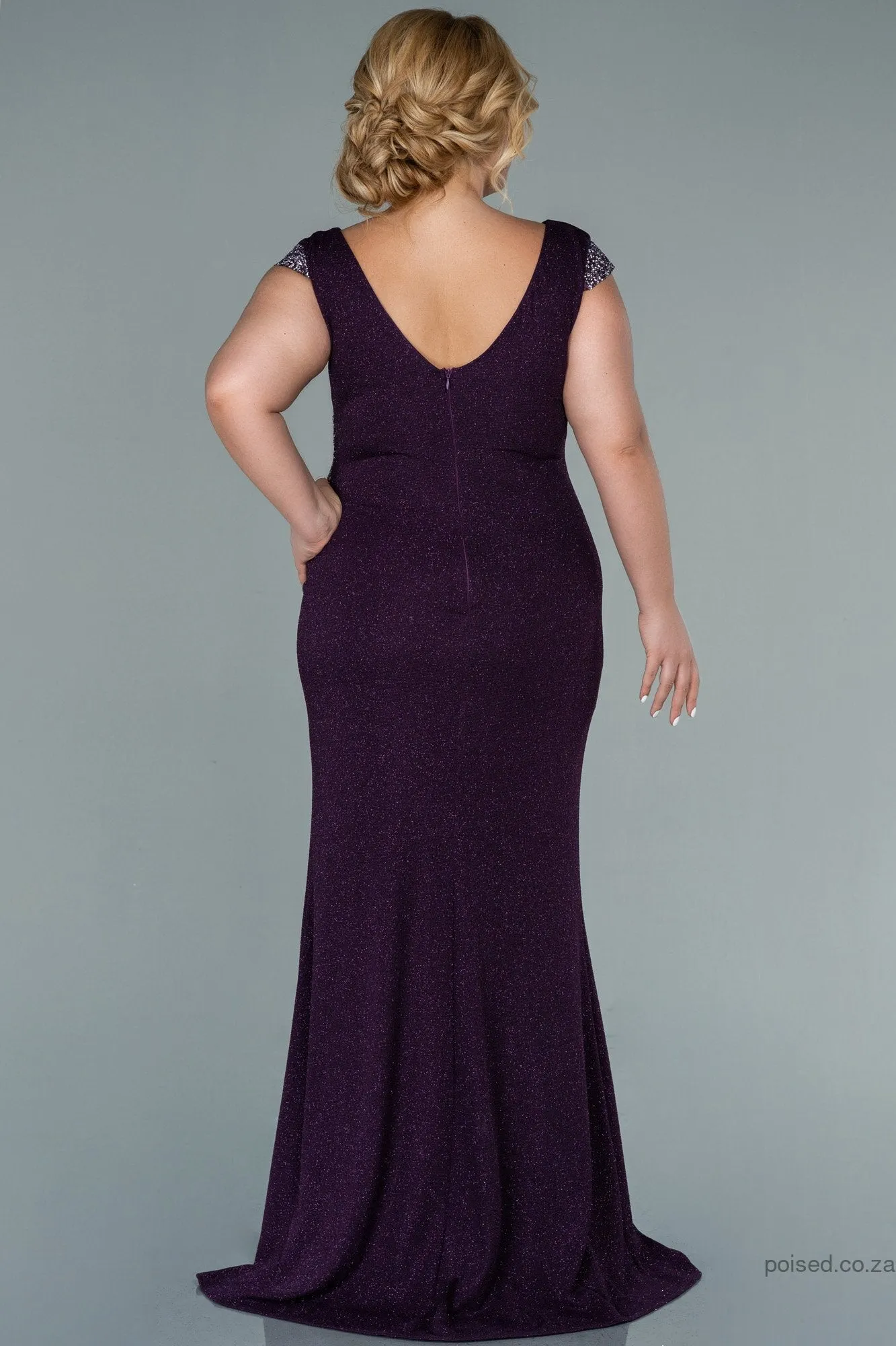 30090 Purple Embroidered Detail Slit Glittery Dress
