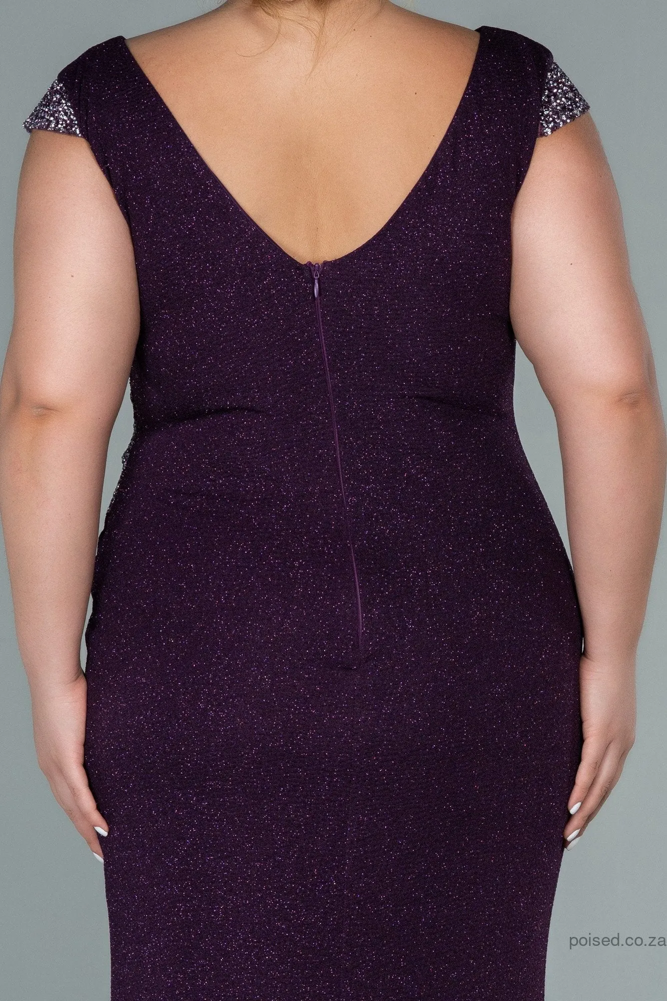 30090 Purple Embroidered Detail Slit Glittery Dress
