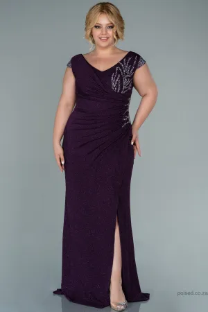 30090 Purple Embroidered Detail Slit Glittery Dress