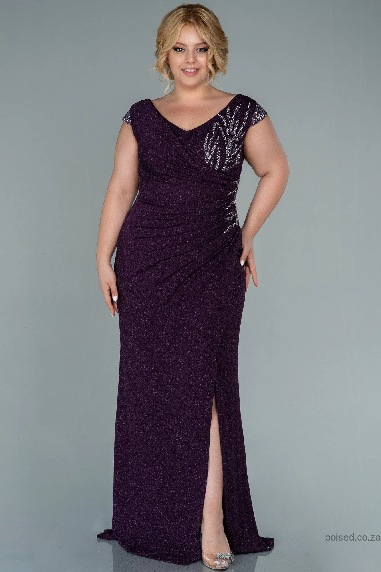 30090 Purple Embroidered Detail Slit Glittery Dress