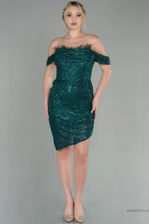 30120 Emerald Green Feather Detail Off-Shoulder Sequins Dress