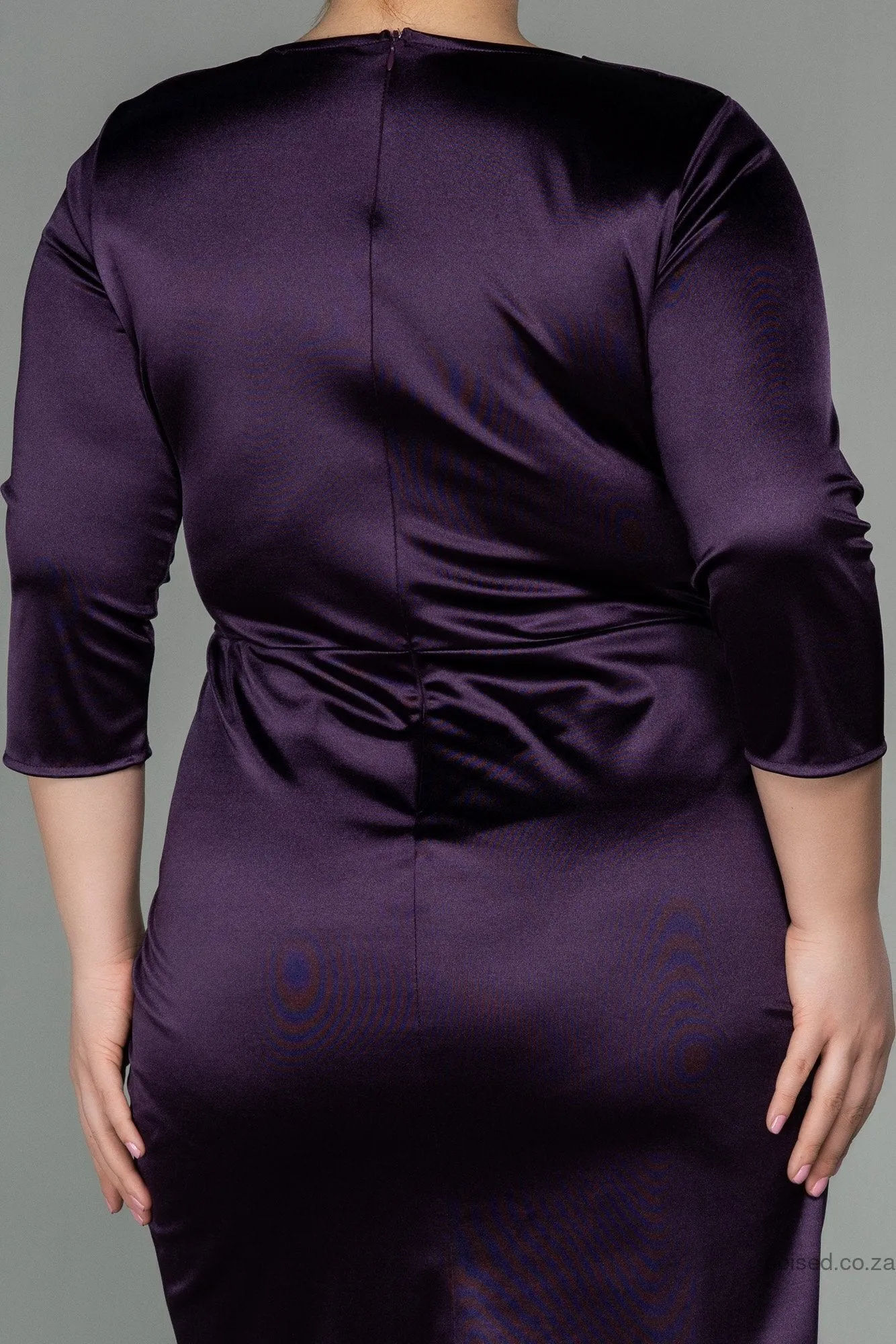 30125 Purple Draped Slit Satin Dress