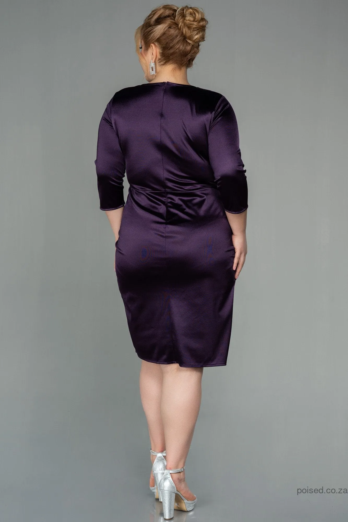 30125 Purple Draped Slit Satin Dress