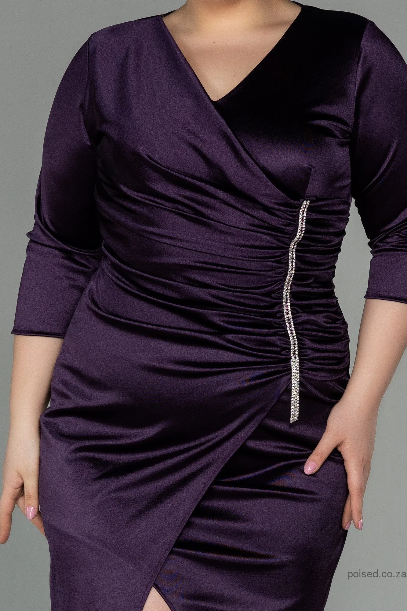 30125 Purple Draped Slit Satin Dress
