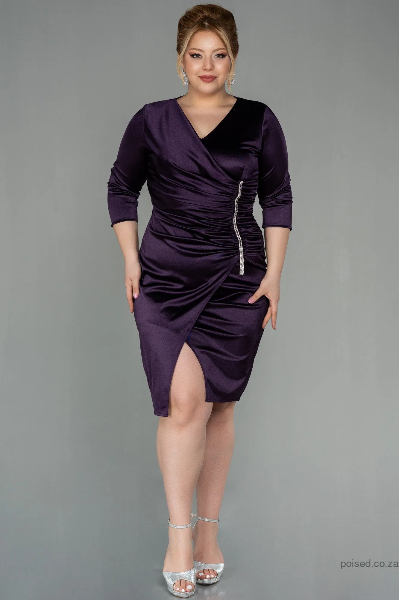 30125 Purple Draped Slit Satin Dress