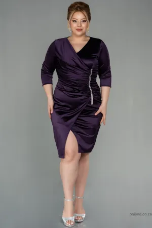 30125 Purple Draped Slit Satin Dress
