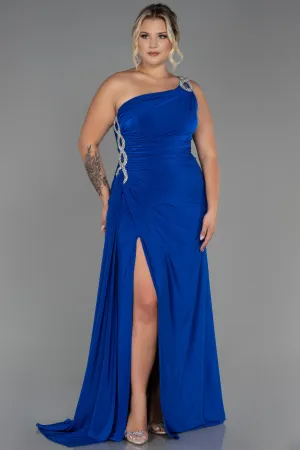 30163 Royal Blue One Shoulder Draped Slit Dress