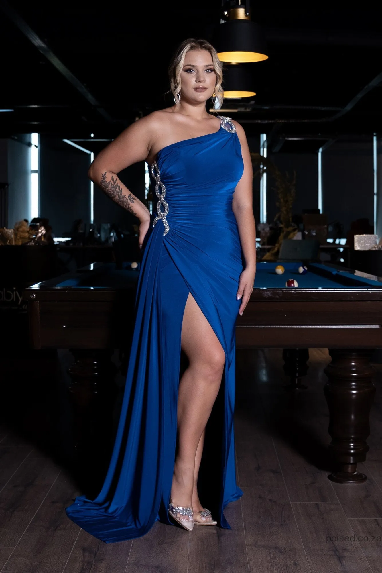 30163 Royal Blue One Shoulder Draped Slit Dress