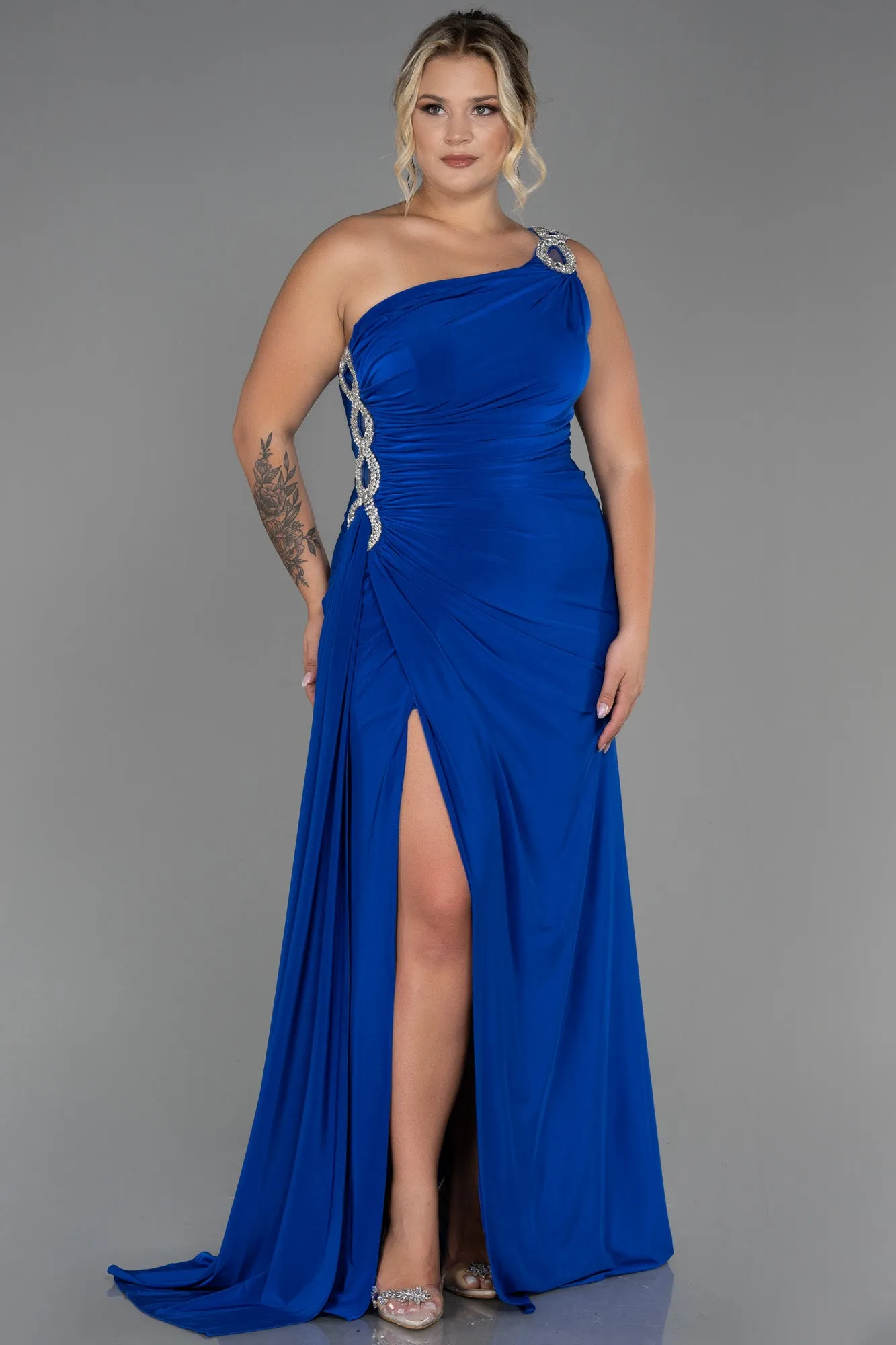 30163 Royal Blue One Shoulder Draped Slit Dress