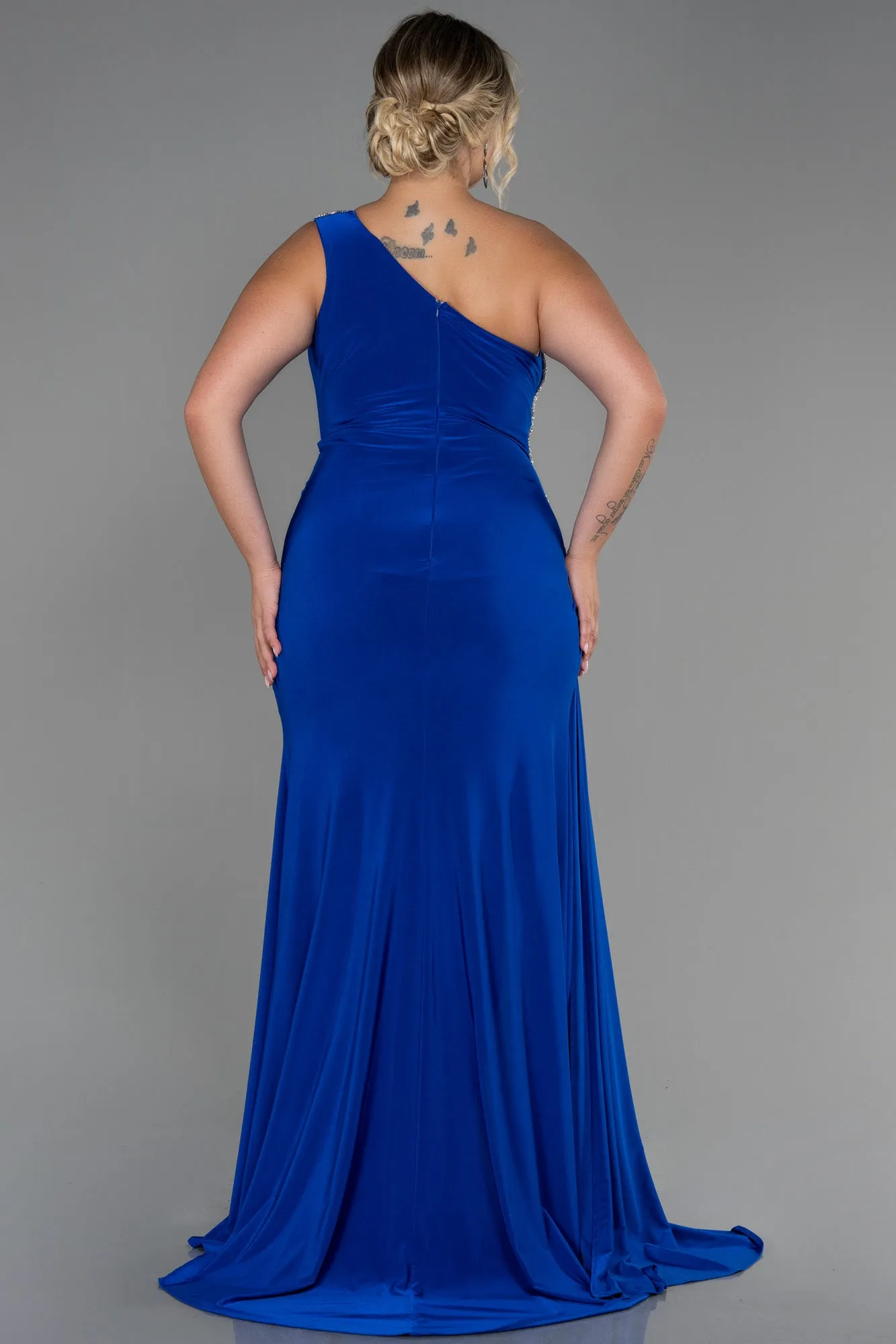 30163 Royal Blue One Shoulder Draped Slit Dress